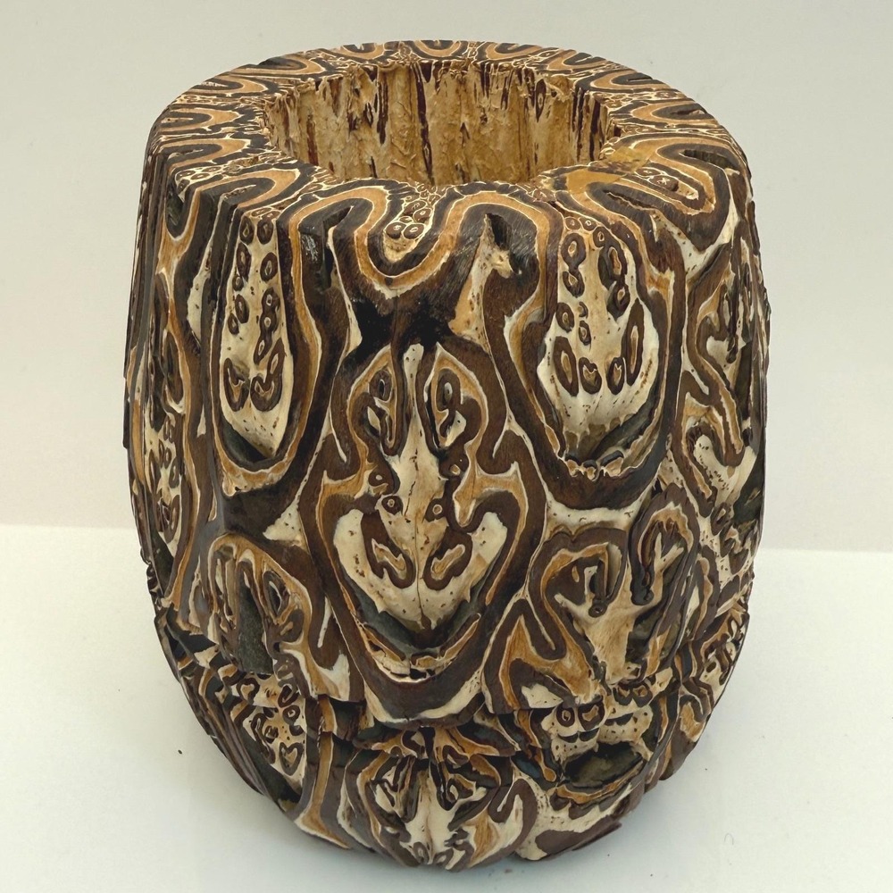 Vintage New Zealand Ponga Wood Vase Tree Fern Hand Carved Folk Art